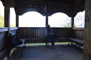 Photo of Linda Burton in an open shelter in the Julian Alps of Slovenia. Taken by Prof. Kovarik, May 2014. 