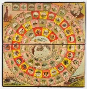 Shows a board game featuring Nellie Bly traveling around the world. 