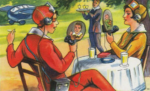 Two ladies talking on their telephonoscopes.